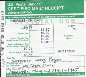 Petition to MD Gov_091115 Certified Mail Receipt