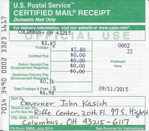 Petition to Ohio Governor_091115_Certified Mail Receipt