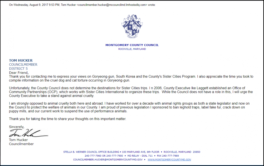 Response from Montgomery County Councilmember Tom Hucker 080917