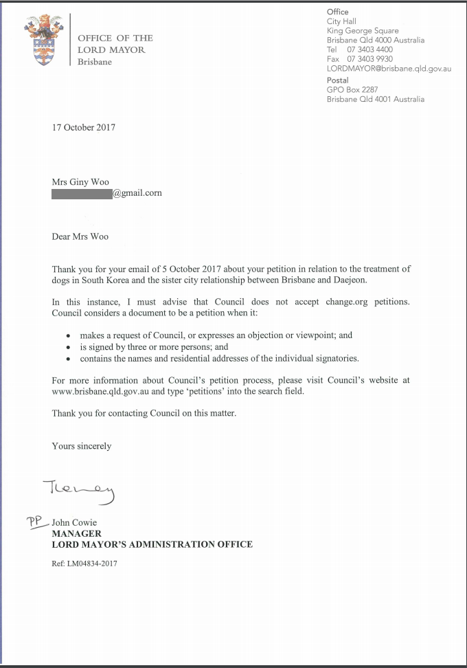Response from Brisbane Mayor 101717