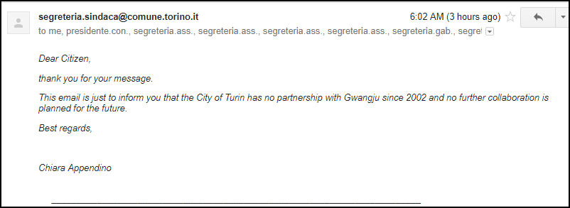 Response from Turin Mayor 092817