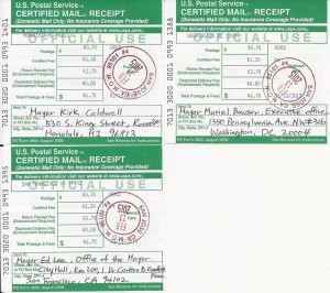 Certified mail receipts for Seoul's Sister Cities