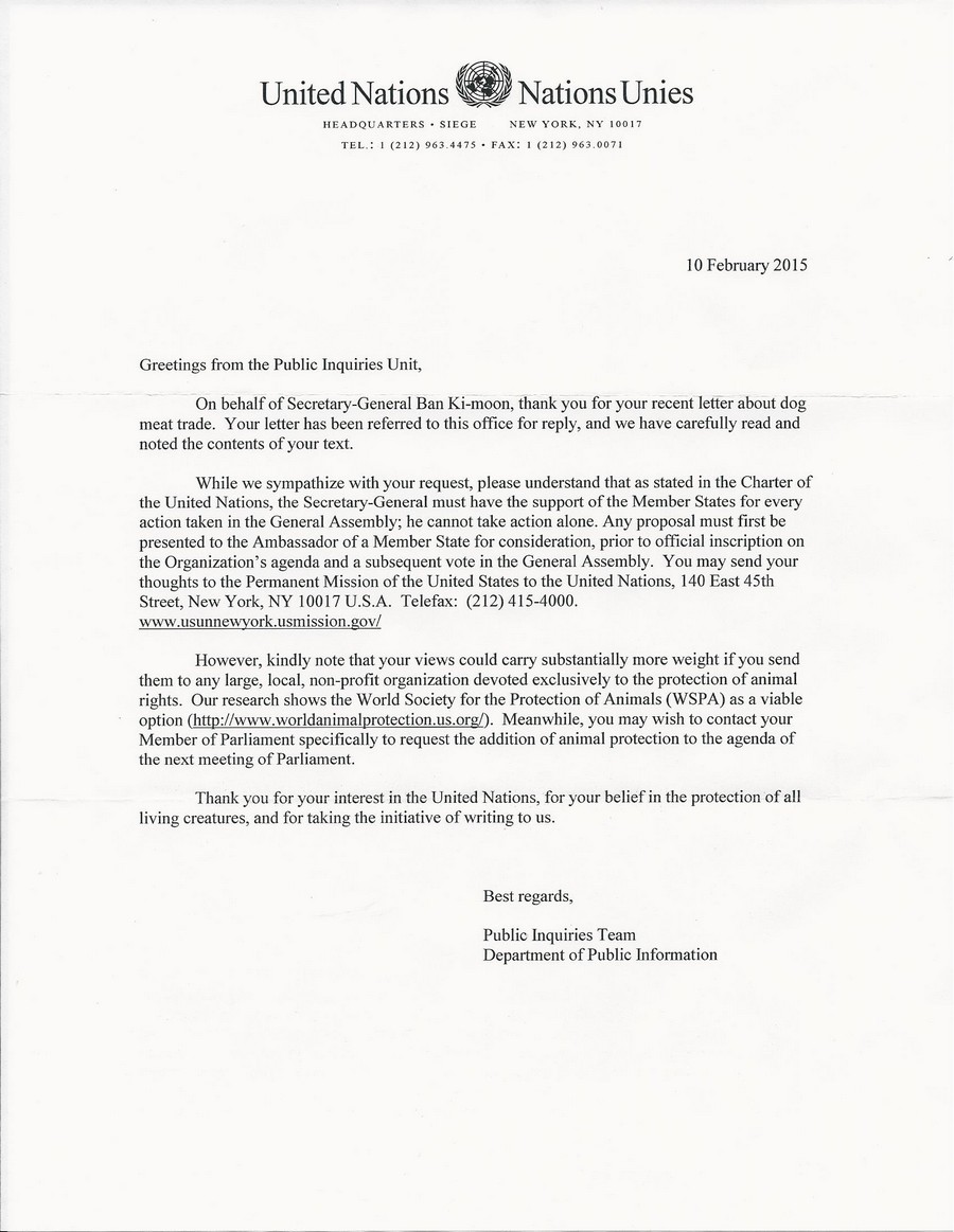 UN Response for letter to UN SG Ban Ki-Moon