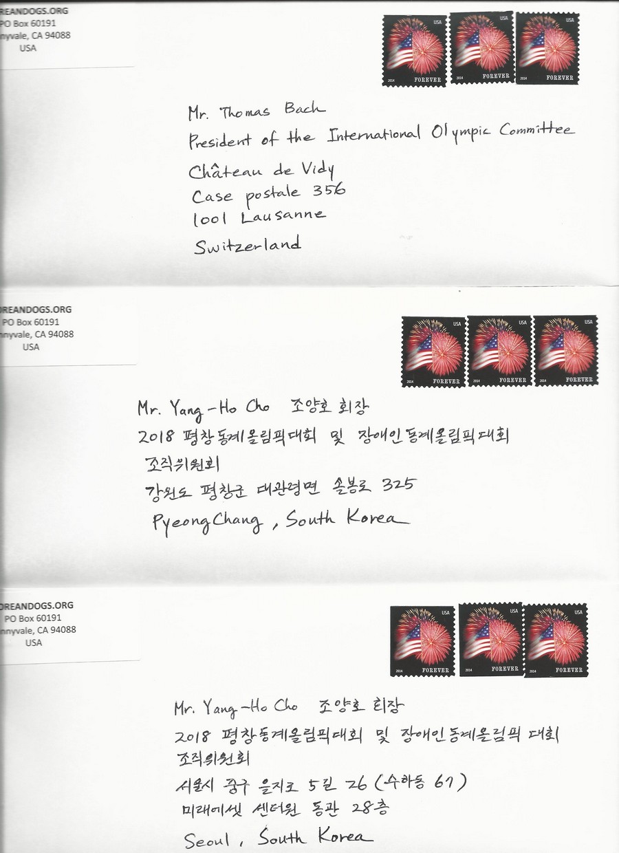 Boycott 2018 PyeongChang Olympic letters mailed_050815